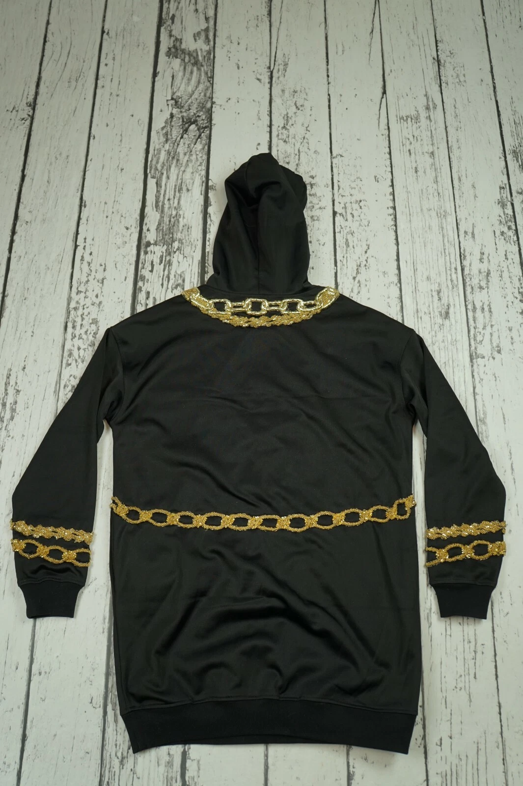 Felpa con cappuccio H&M MOSCHINO nera scintillante maglia catene oro Jeremy Scott abito taglia XS