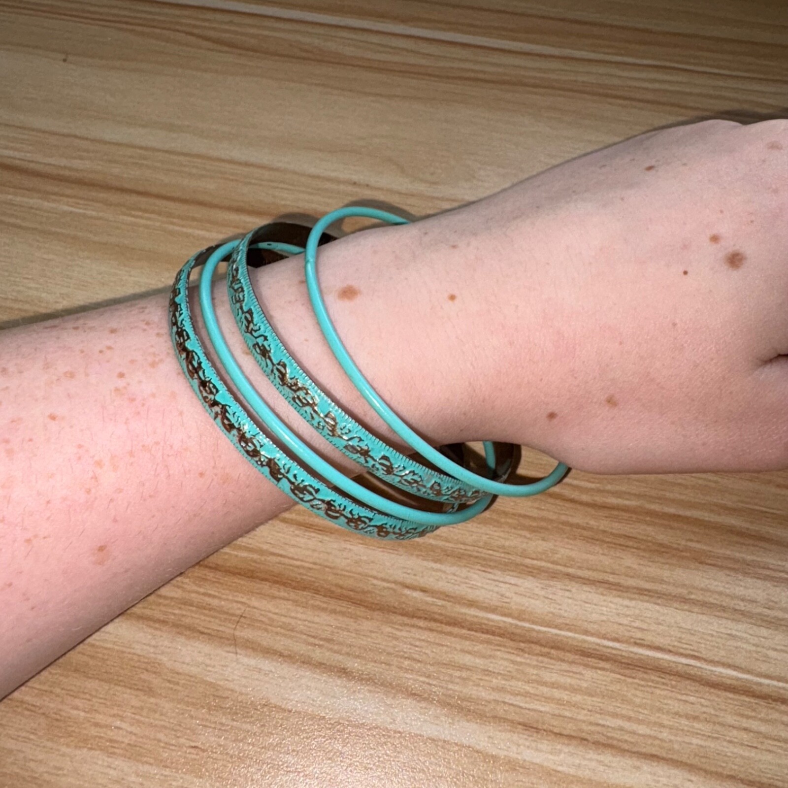 Four Unique Teal Bangle Bracelets - image 3