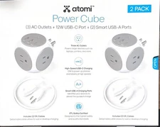 Atomi Power Cube 2-Pack – 3AC Outlets + 3 Smart USB Ports + 5-ft. Cable