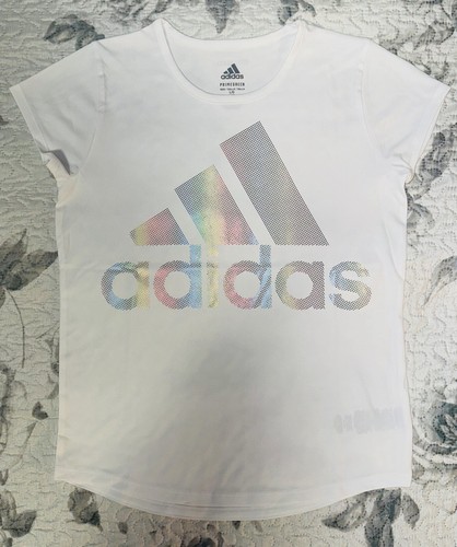 Girls Adidas White/Iridescent T-Shirt & Black/Iridescent Pants Sz/ Large (14) - Picture 2 of 9