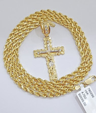 Real 14k Yellow Gold Rope Chain 24'' Necklace Jesus Crucifix Cross Charm Pendant