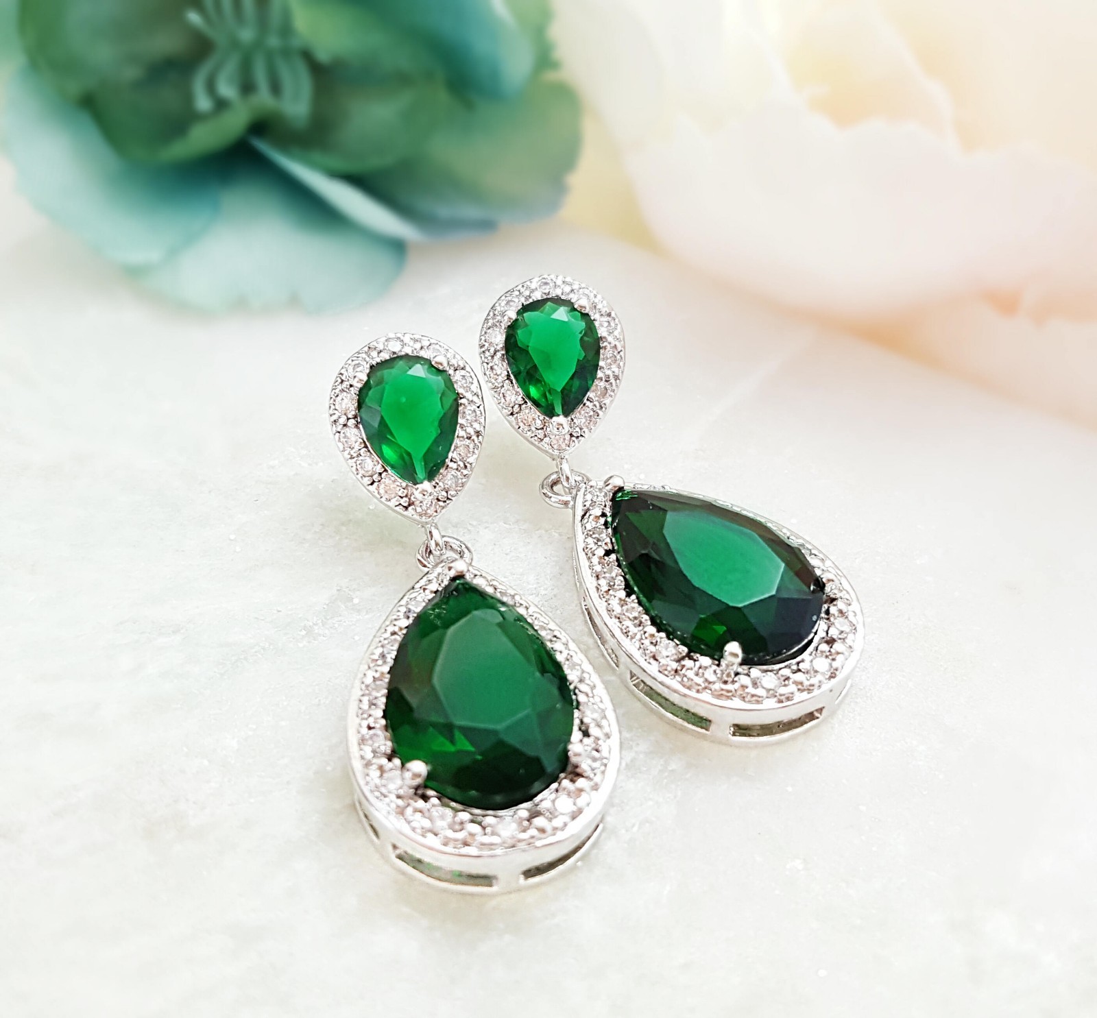 R Halo Drop Earrings 9k White Gold Plated