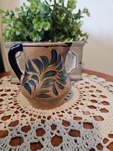 Vintage Pottery creamer folkart mug Tan and blue abstract art coffee cup