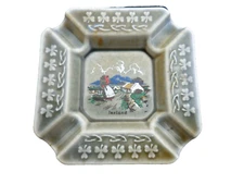 Ireland square ceramic Ashtray, 4 slots, Cottage & Woman scene