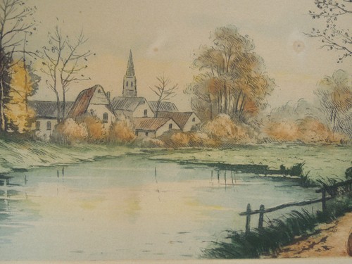 Lithographie Estampe Ancienne RIvière Et Village - Imagen 7 de 7