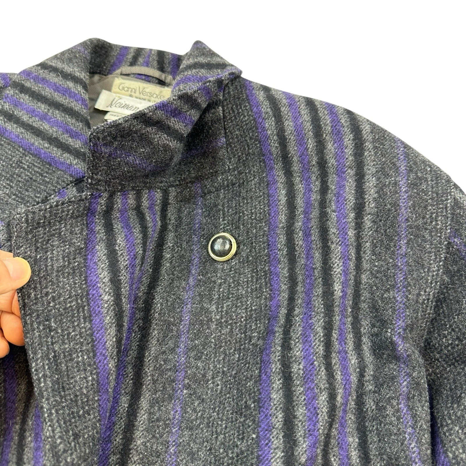 Gianni Versace Blazer Donna 38 EU 6 US Viola Grigio Righe Lana Italia MINTY