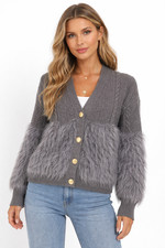 Women Faux Fur Sweater Cardigan Knitted Jumper Fluffy Coat Grey One Size 