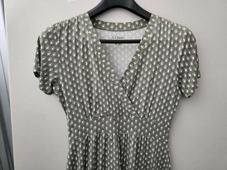 L.L. Bean Dress Womens XS Green Midi Flare Short Sleeve Empire Polka Dot Stretch - Image 4 of 4
