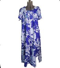 Vintage 60s 70s Blue White Hawaiian Dress Tent Maxi Mumu M/L Tropicana Hawaii