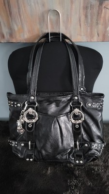 Kathy Van Zeeland Black Patent Faux Leather Shoulder Bag Y2K Glam Studded Purse