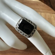 Vintage Artisan Accent Ring Size 6.75 Black Onyx Marcasite 925 Sterling 6.2g