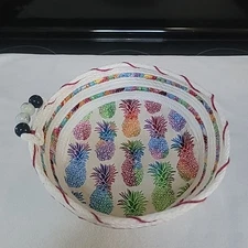 Round Rope Bowl 9"  Diam~ Handmade Pineapple Multi Color Beaded Accent
