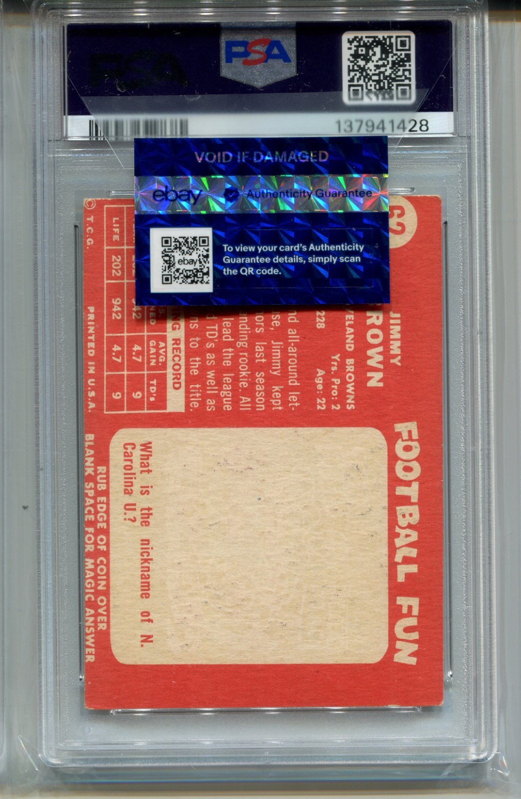 1958 Topps Jim Brown Rookie Card PSA 4 MC Football #62 Graded view 2