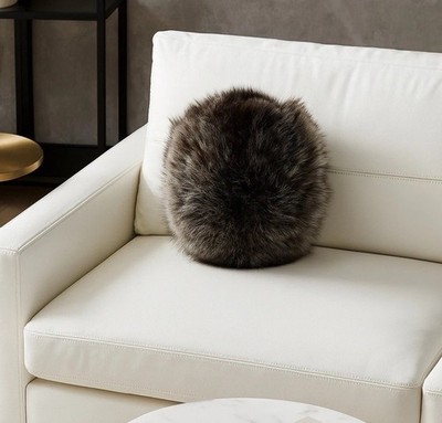 Genuine Raccoon Fur Accent Pillow   Modern Round Luxe Home Decor Black