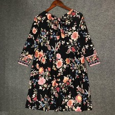 LOFT Dress Womens MP Black Feminine Floral 3/4 Sleeve Tie-Back Shift Boho Y2k