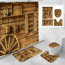4 Pcs Rustic Wooden Farmhouse Shower Curtain Set with Non-Slip Rugs, Toilet Lid