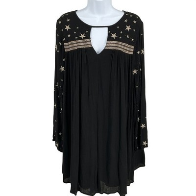 Entro Star Embroidered Dress Womens S Black Boho Keyhole Mini Celestial Flowy