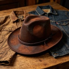 Mens Vintage Distressed Leather Strap Fedora Hat Felt Panama Gangster Trilby Hat