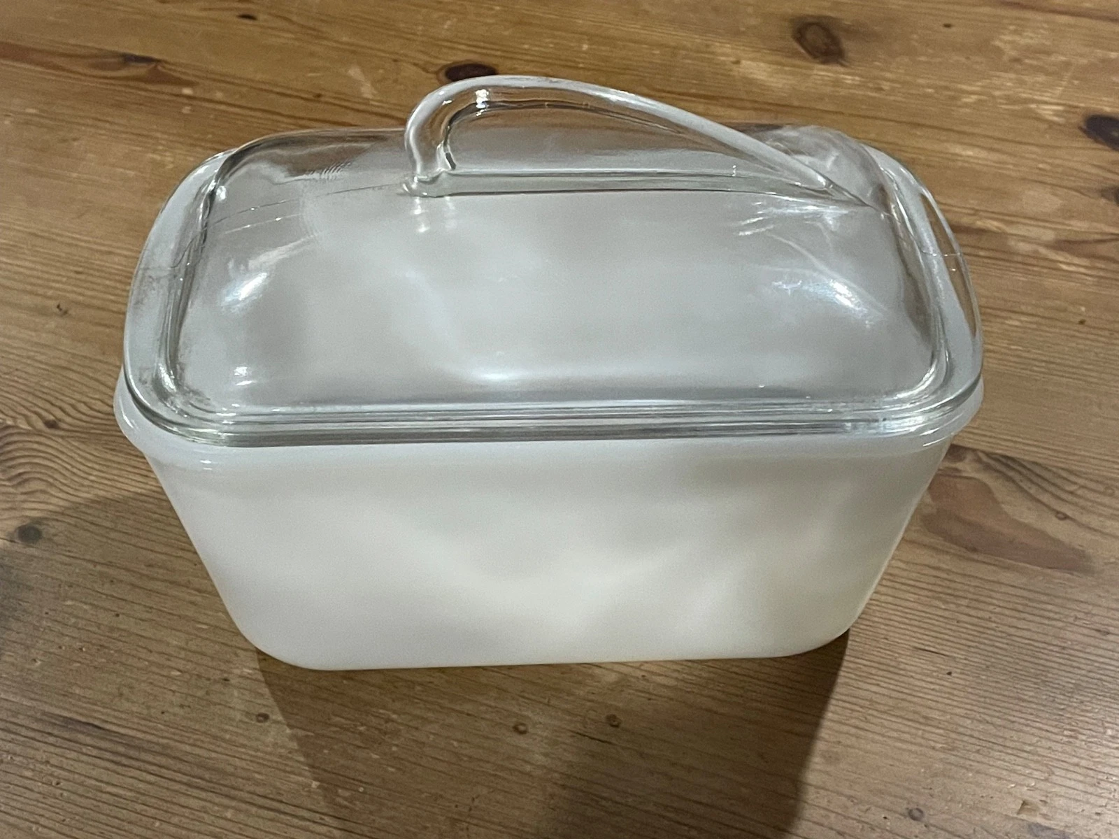 Vintage Glasbake large butter dish, unusual 'sail' handle, stippled base, USA