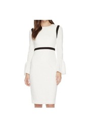 Calvin Klein Cream and Black Sheath Midi Dress with Bell Sleeves