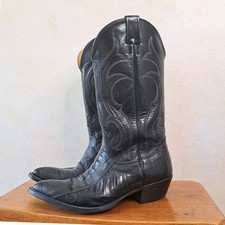 Vtg Nocona Men 8.5 D Black Ostrich Leg Leather Cowboy Boots Made In USA Snip Toe