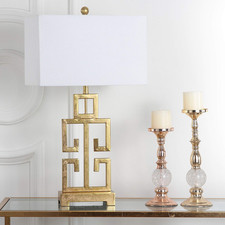 Safavieh Lighting Collection Greek Key Table Lamp Antique Gold Metal Base White