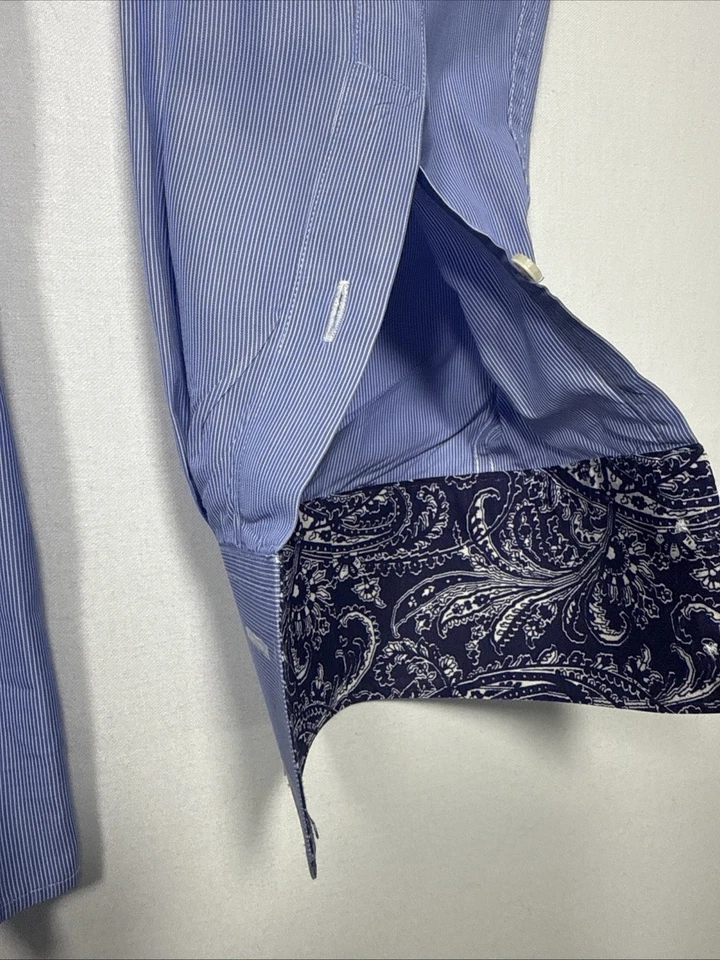 Camisa Thomas ROSA Jermyn Street London 17 Para Hombre Puño Abatible Paisley Azul Stipe Foto 3 de 4