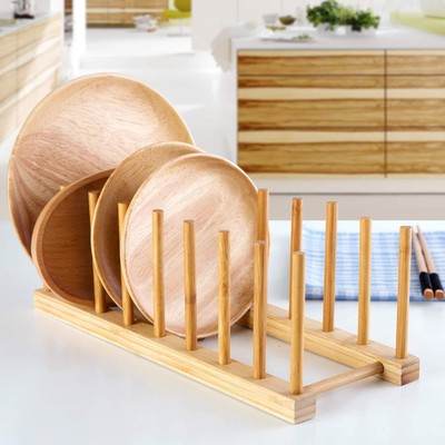 STONCEL 2 PCS Wooden Dish Rack, Plate Stand Drying Rack Pot Lid Holder Dishes Drainboard Kitchen Cabinet Organizer Pans Cups Cutting Board Bowl Book