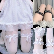 Women Lolita Sweet Ruffled Lace Top Thigh High Stockings Bowknot Over Knee Socks