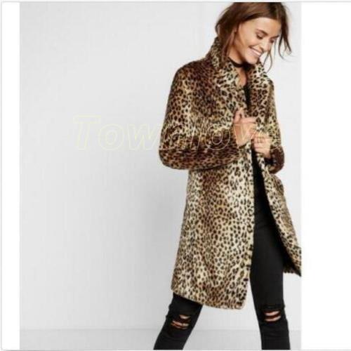 Winter Womens Trench Coat Faux Fur Leopard Print Parka Furry