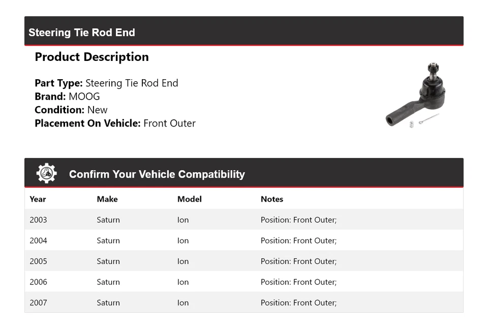Barra de amarre delantera exterior para Saturn Ion 2003-2007 MOOG 2003 2004 2005 Foto 2 de 4