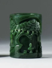 A035 antique Estate Spinach green jade brush pot, 19/20th Century