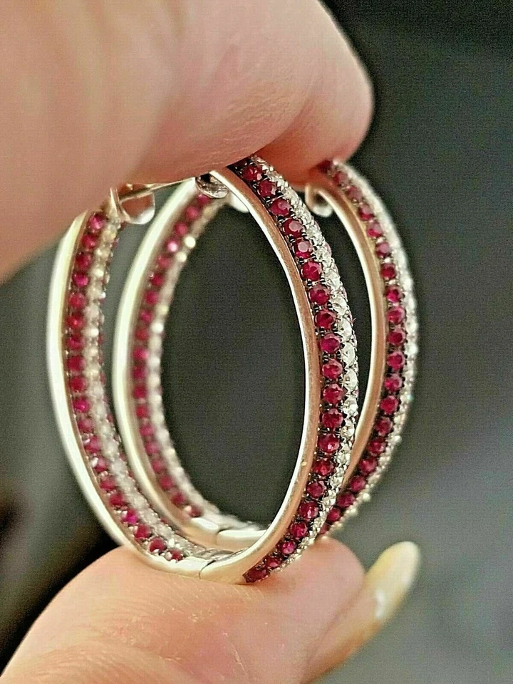 2.00Ct Round Cut Pink Sapphire Women's Huggie Hoop Earring 14k White Gold Finish - Image 4 of 4