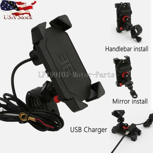 Handlebar Mirror Bar Motorcycle Phone Holder Mount w/ USB Charger Accessories