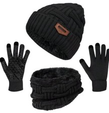 3-Pieces Winter Beanie Hat Scarf and Touch Screen Gloves Set Warm Knit BLACK