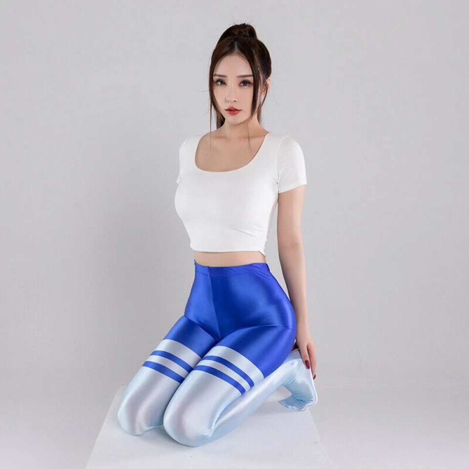 Mujeres Sexy Aceite Brillante Deportes Pantimedias Rayas Opacas Yoga Gimnasio Medias Prendas de Baile Foto 4 de 4