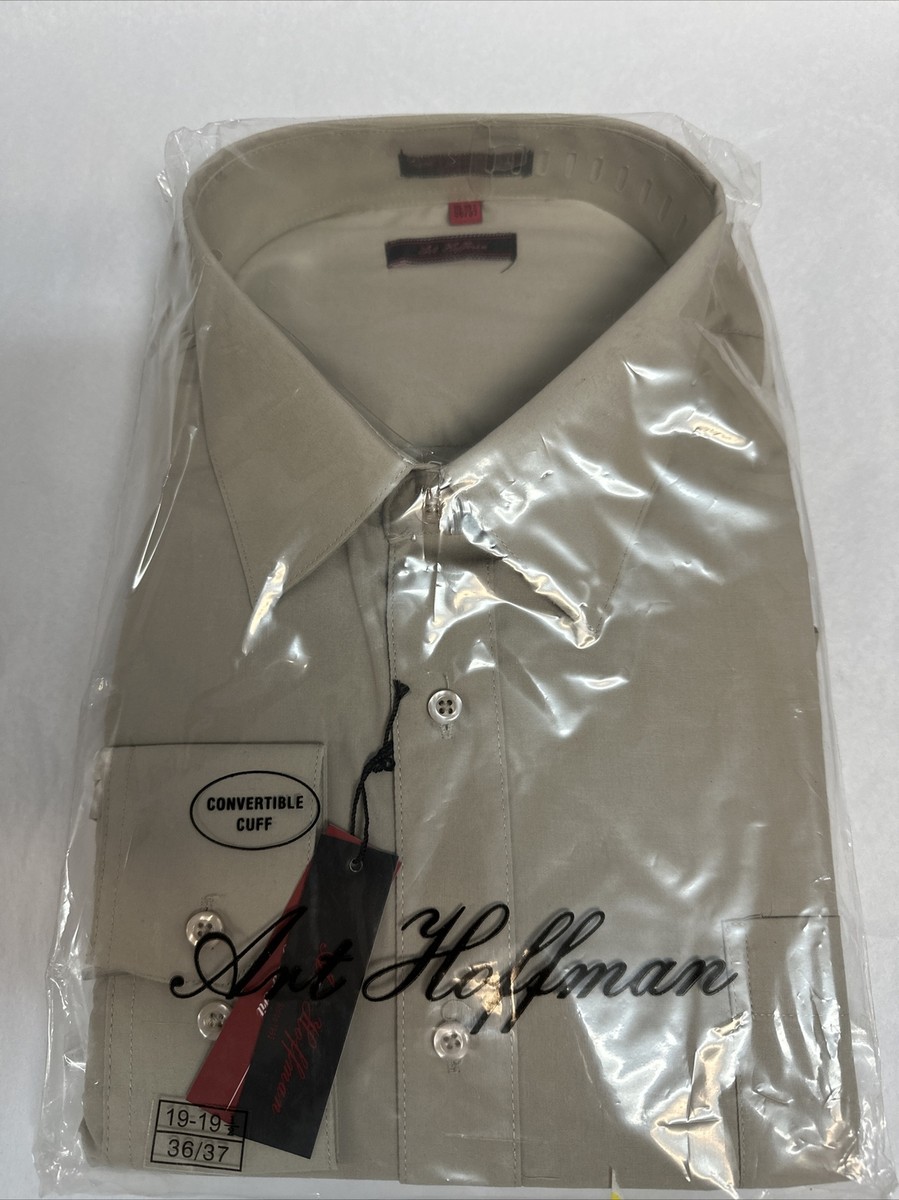 19 1 2 neck dress shirt Men's French Cuff Dress Shirt w/ Polka Dot Contrast Collar & Tie Hanky Set #630 (19
