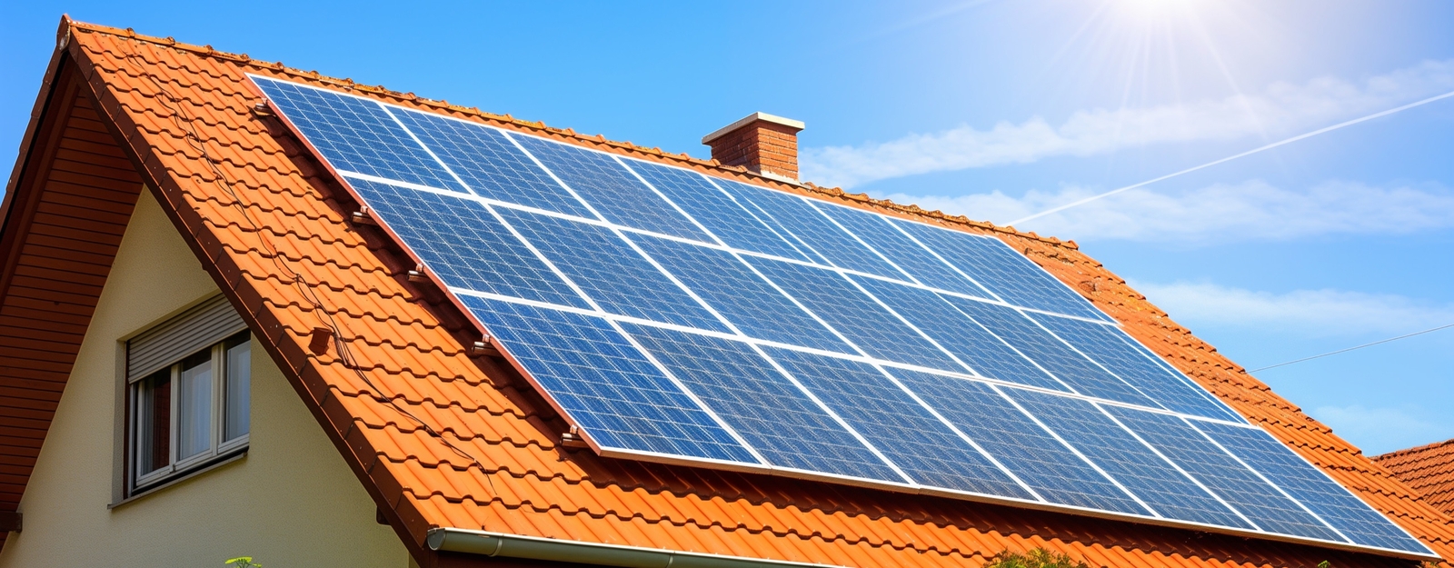 Einfamilienhaus mit roten Ziegeldach und installierten Solarmodulen unter strahlender Sonne