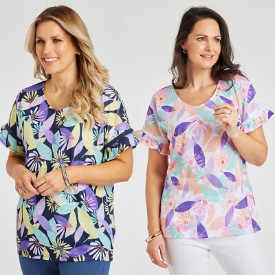 Ex Bonmarche Blumenmuster Damen T-Shirt Top in Marine und Elfenbein Größe 10 bis 20