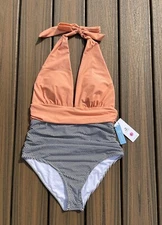 Cupshe One Piece Swimsuit Size Large V Neck Halter Backless Ruched Tummy Control