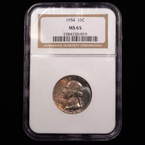 1954 Washington Silver Quarter 25c - NGC GRADED MS65 - END ROLL RAINBOW TONER