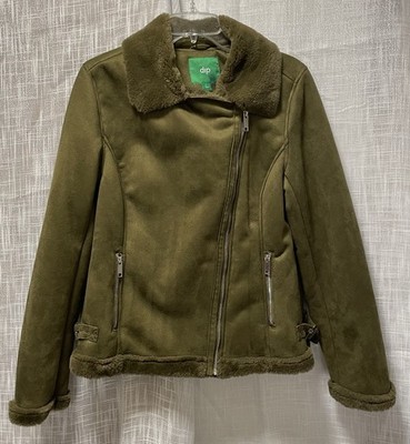 DIP Women s Size L Zip Jacket Coat Faux Suede And Fur Trim Green
