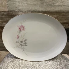 VTG Camelot China American Rose Oval Serving Platter Pink Floral Gold Trim 14"