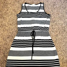 Olive & Oak Summer Dress Black&White Striped Drawstring Waist Pocket Small