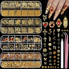 Gold Nail Charms & Gems Set - 3D Rhinestones & Pearls for Nail Art