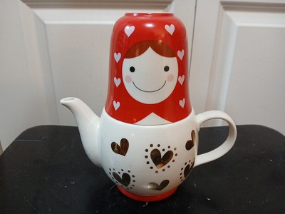 New* Sun Art Matroyska Teapot Cup Strainer Set Red White W Hearts