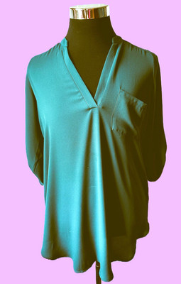 Lush Pullover Blouse Women's Size M Loose Fit Dark Green V-Neck Roll Tab Sleeves