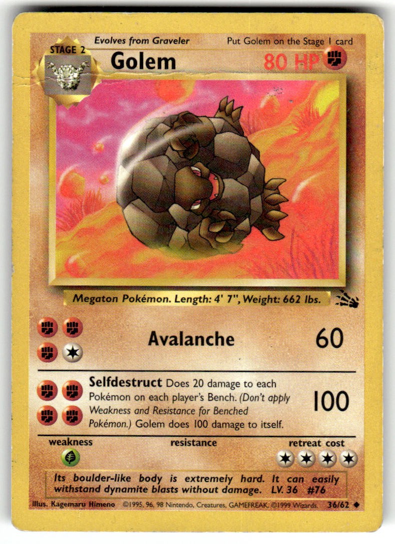 Golem 36/62 Uncommon Fossil Pokemon Unlimited HP