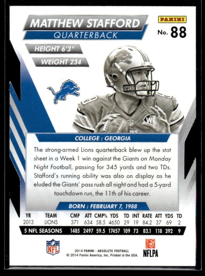 2014 Panini Absolute Matthew Stafford Detroit Lions #88 - Image 2 of 2
