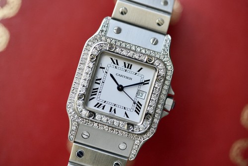 Cartier Santos Carrée 2960 White Dial Custom Diamond Bezel and...
